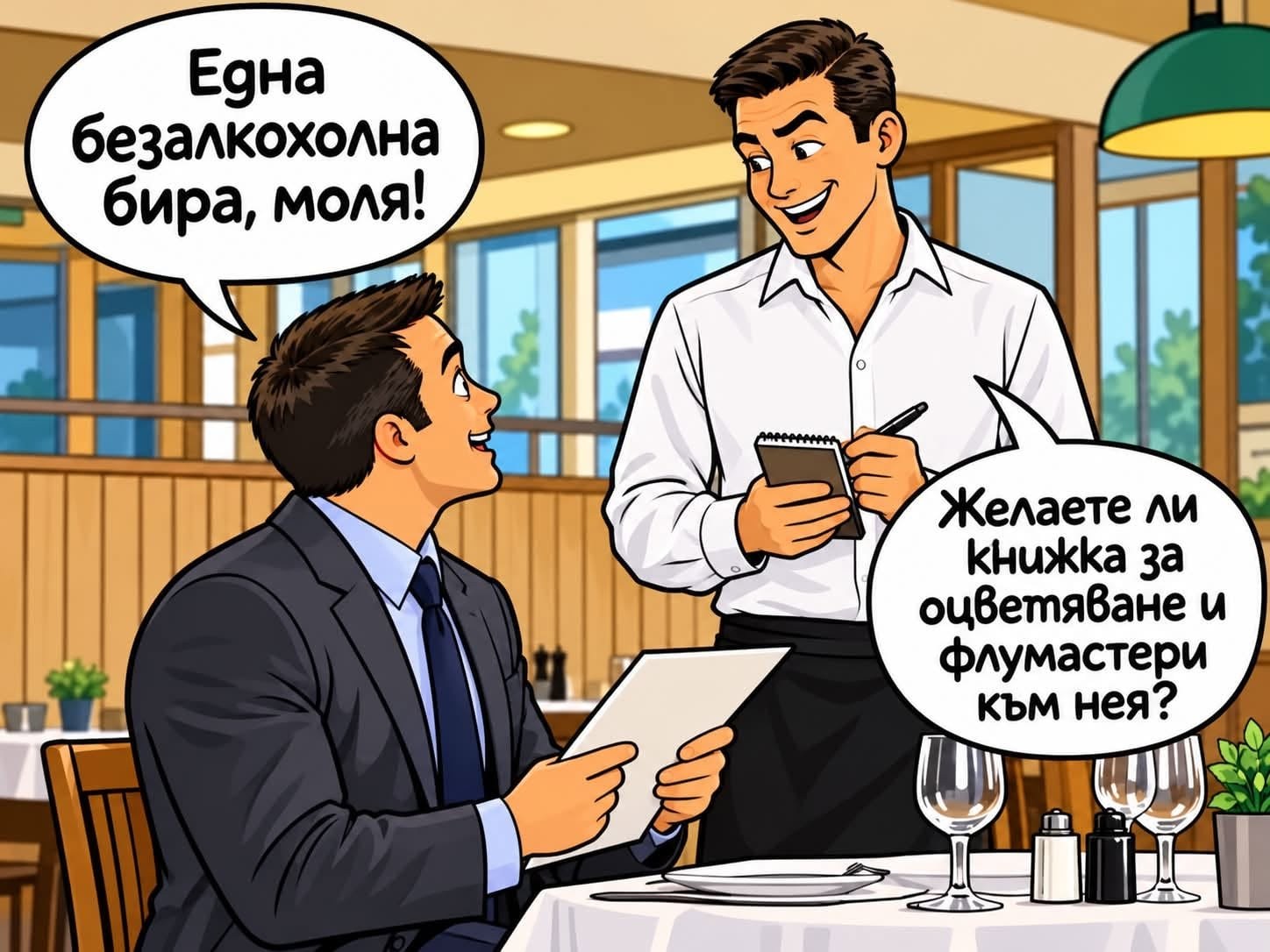 Карикатура: сервитьор предлага книжка за оцветяване към безалкохолната бира