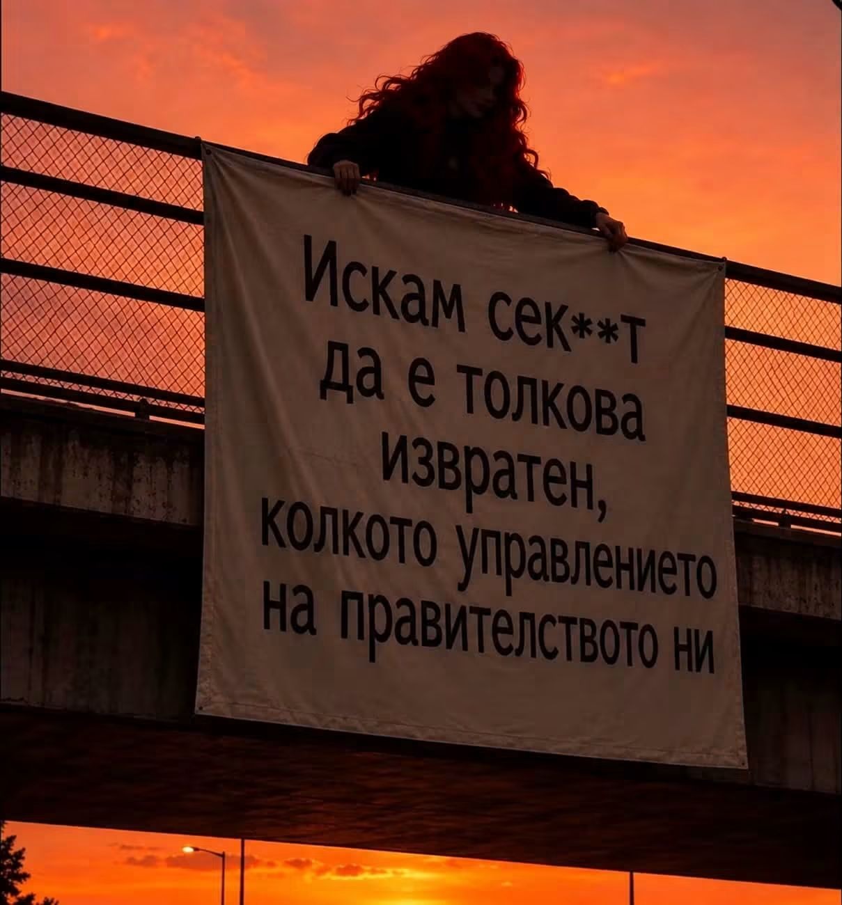 Жена държи транспарант на мост по залез: Искам сексът да е толкова извратен, колкото управлението на правителството ни